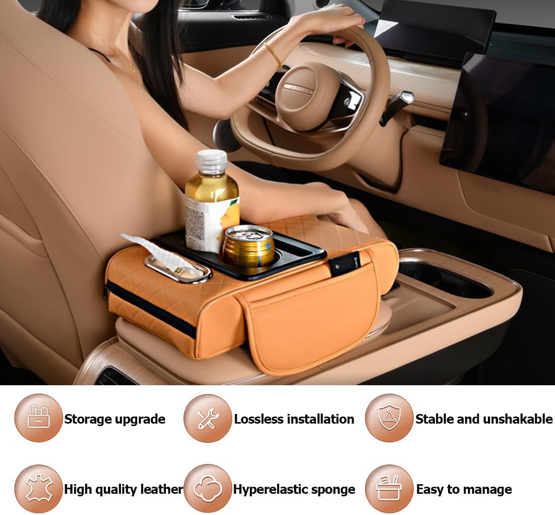 🚗5-in-1 car armrest pad with 2 storage pockets | cup holder | tissue box slot | phone slot