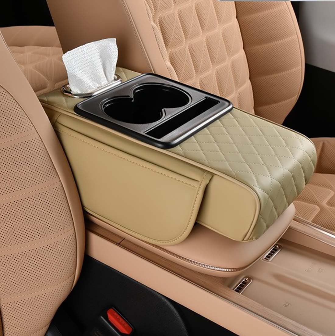 🚗5-in-1 car armrest pad with 2 storage pockets | cup holder | tissue box slot | phone slot