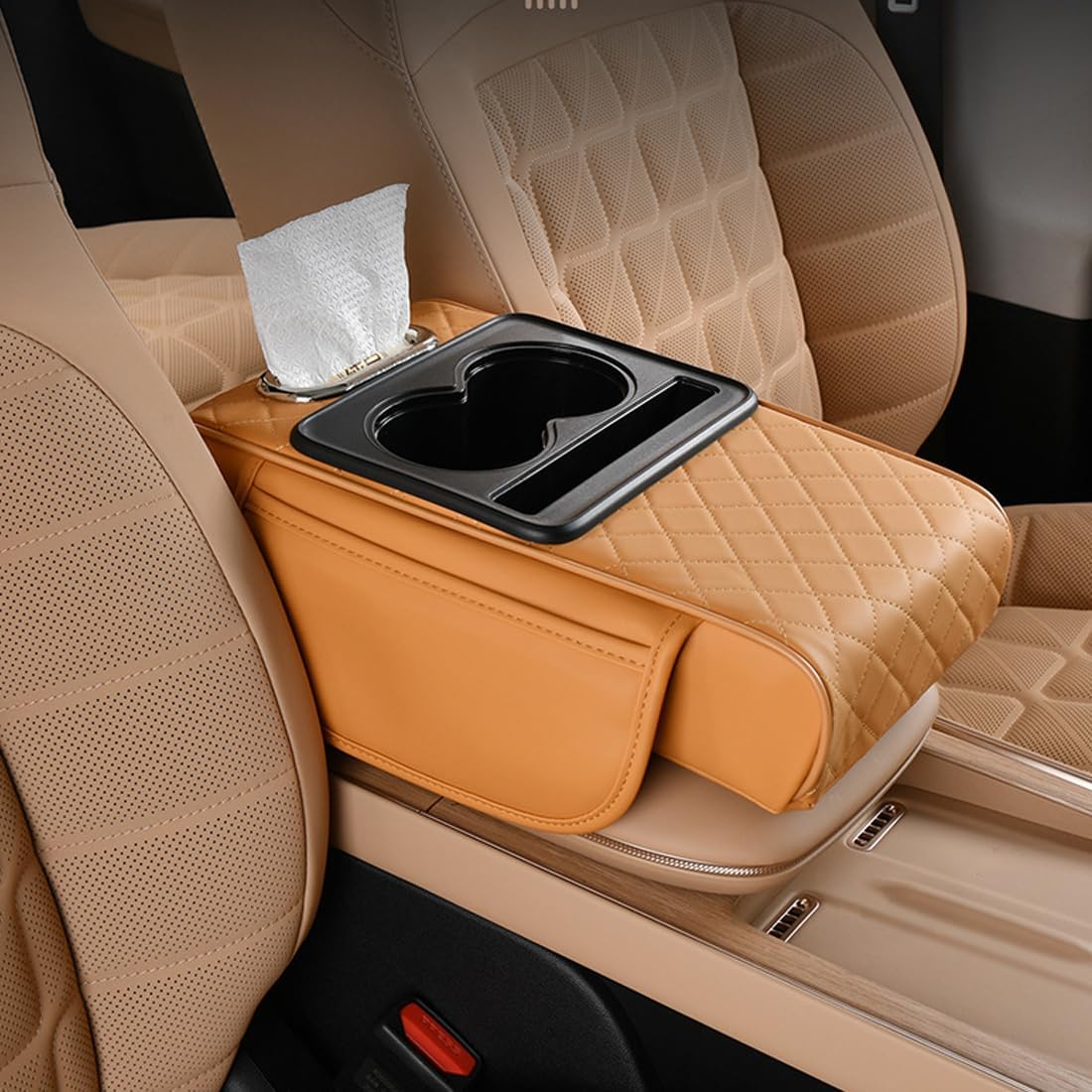 🚗5-in-1 car armrest pad with 2 storage pockets | cup holder | tissue box slot | phone slot